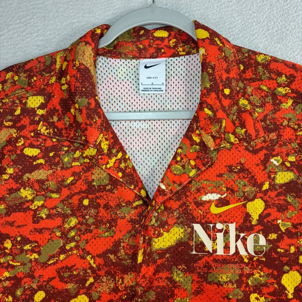 Nike Trek Division Button Shirt Men L Orange Camo Mesh Resort Summer DR9966-832